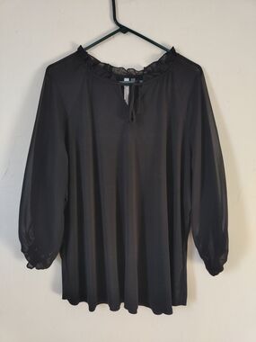 NY Collection Black Ruffled Tie-Neck Blouse